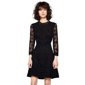 Maje Black Crochet Lace Midi Dress Mock Neck Long Sleeve Keyhole Back Size XS